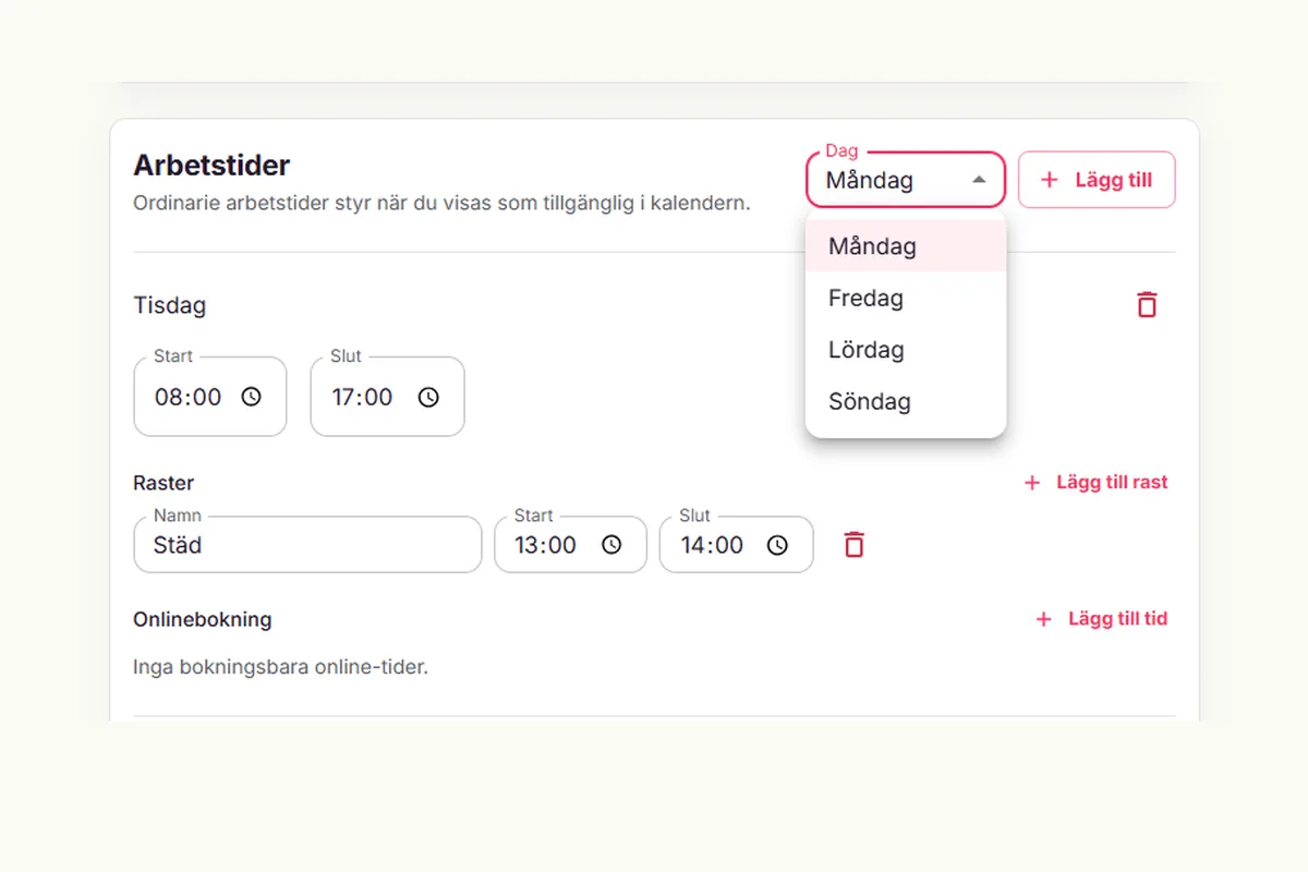 Arbetstider per veckodag i Letsbook
