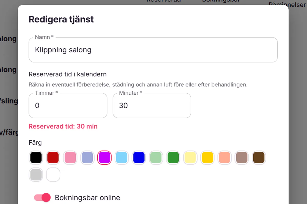 Dialogen för att redigera en tjänst